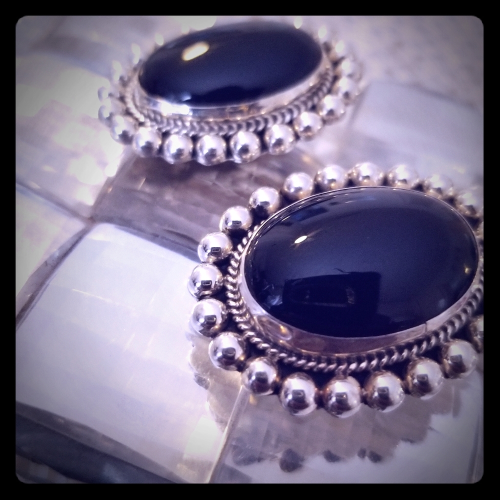 Vintage Genuine Silver  & Black Clip-on Earings